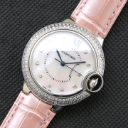 CARTIER バロンブルー ミディアム クォーツ搭載 ホワイト バケットダイヤ ピンク革バンド 国内即発