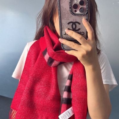 バーバリー 両面チェック金属糸カシミヤスカーフ 30x168