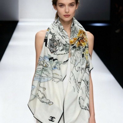 シャネル 25年オートクチュールコレクション。140cmプレミアムシルクベロア両面同色ストール 135x135cm