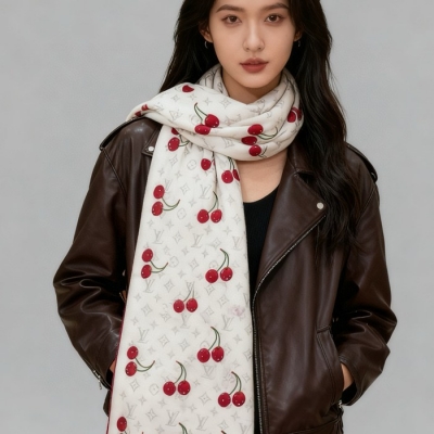 ルイ ヴィトン LV×TMモノグラムチェリー 両面シルクベロア同色スカーフ 60x180cm