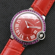 CARTIER バロンブルー ミディアム クォーツ搭載 レッド 人工ダイヤ 革ベルト 品質安心