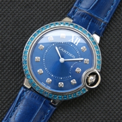 CARTIER バロンブルー ミディアム クォーツ搭載 ブルー文字盤 人工ダイヤ 革ベルト 絶好品