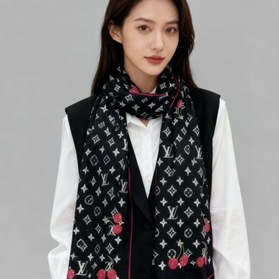 ルイ ヴィトン LV×TMモノグラムチェリー 両面シルクベロア同色スカーフ 60x180cm