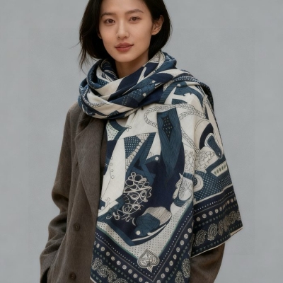 エルメス カシミヤ新作。両面同色。立体パターン。70％カシミヤ30％シルク 140cmx140cm