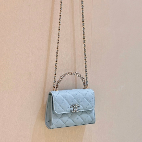CHANEL カーフレザー 荔枝紋 ピンク×ブルー クラシック 14.5×11.5×5.5cm サイズ:14.5×11.5×5.5cm