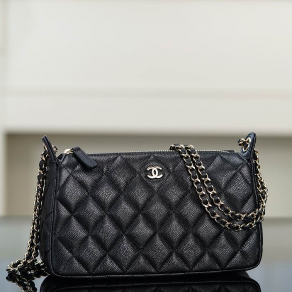 CHANEL カーフレザー 荔枝紋 ブラック×ゴールド ショルダーバッグ 21×12×5.5cm サイズ:21×12×5.5cm