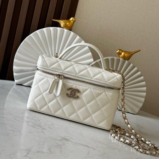 CHANEL 66034 カーフレザー 荔枝紋 ブラック×ホワイト×ゴールド クラシック 春夏 19×14×5cm サイズ:19×14×5cm