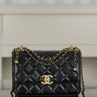 CHANEL カーフレザー ブラック×ゴールド ハンドバッグ 22×14.5×8cm サイズ:22×14.5×8cm