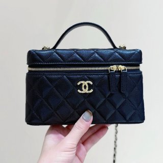 CHANEL カーフレザー 荔枝紋 ブラック×ゴールド 弁当箱バッグ クラシック 秋冬 19×14×5cm サイズ:19×14×5cm