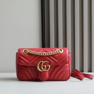 GUCCI 446744 カーフレザー レッド チェーンバッグ GG、マルモント 23x14cm サイズ:23x14cm GUCCI 446744 カーフレザー レッド チェーンバッグ GG、マルモント 23x14cm サイズ:23x14cm