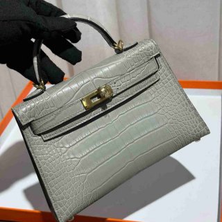 HERMES ケリー 19cm ワニ革 グレー ショルダーバッグ 高品質 19cm Kelly 19cm サイズ:19cm