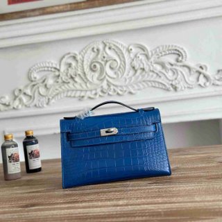 HERMES ケリー 22cm カーフレザー ワニ紋 ショルダーバッグ セミハンドメイド 金具シルバー 22cm Kelly 22cm サイズ:22cm