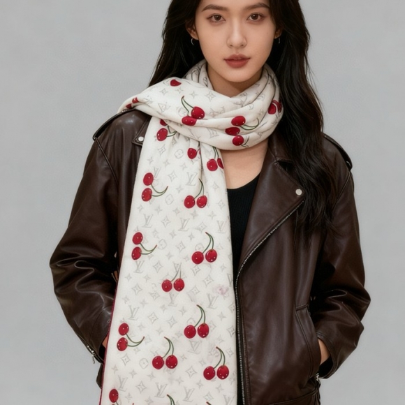 ルイ ヴィトン LV×TMモノグラムチェリー 両面シルクベロア同色スカーフ 60x180cm ルイ ヴィトン LV×TMモノグラムチェリー 両面シルクベロア同色スカーフ 60x180cm