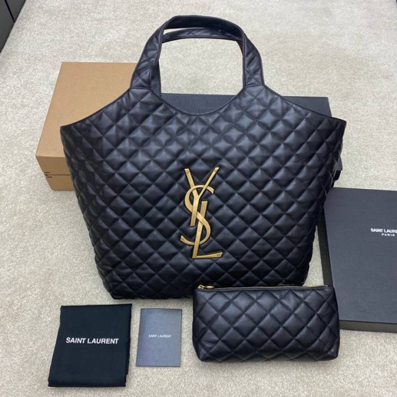 SAINT LAURENT 698651 ラムレザー ブラック、ゴールド ハンドバッグ イカール 27x13cm サイズ:27x13cm SAINT LAURENT 698651 ラムレザー ブラック、ゴールド ハンドバッグ イカール 27x13cm サイズ:27x13cm