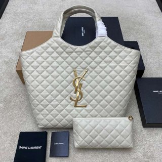 SAINT LAURENT 698651 ラムレザー ホワイト、ゴールド ハンドバッグ イカール 27x13cm サイズ:27x13cm SAINT LAURENT 698651 ラムレザー ホワイト、ゴールド ハンドバッグ イカール 27x13cm サイズ:27x13cm