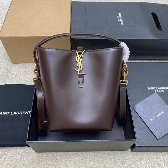 SAINT LAURENT 749036 カーフレザー、カーフ ブラック、ブラウン、ゴールド バケツバッグ クラシック 20x17x13cm サイズ:20x17x13cm SAINT LAURENT 749036 カーフレザー、カーフ ブラック、ブラウン、ゴールド バケツバッグ クラシック 20x17x13cm サイズ:20x17x13cm