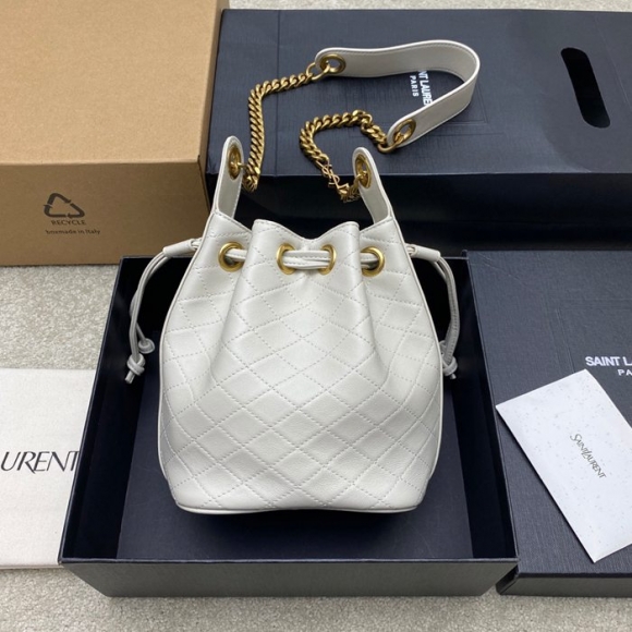 SAINT LAURENT 840886 ラムレザー、カーフレザー ホワイト、ゴールド バケツバッグ チェーン、ベッキー、ミニ 25x11cm サイズ:25x11cm SAINT LAURENT 840886 ラムレザー、カーフレザー ホワイト、ゴールド バケツバッグ チェーン、ベッキー、ミニ 25x11cm サイズ:25x11cm
