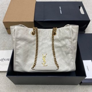 SAINT LAURENT 871151 カーフレザー ブラック、ホワイト、ゴールド ハンドバッグ チェーン、ニキ、大 33x27x14cm サイズ:33x27x14cm