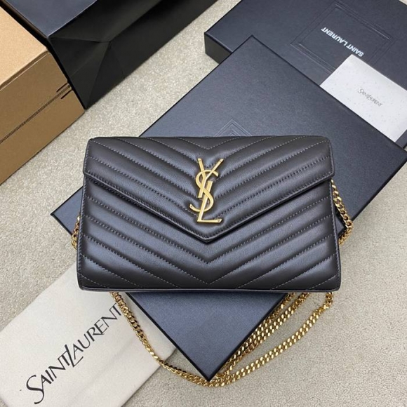 SAINT LAURENT 377828 ラムレザー グレー、ゴールド ハンドバッグ チェーン、クラシック 14x5cm サイズ:22.5x14x4cm