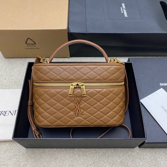 SAINT LAURENT 851572 ラムレザー ブラウン、ゴールド ハンドバッグ クラシック 15x8cm サイズ:22.5x15x8cm SAINT LAURENT 851572 ラムレザー ブラウン、ゴールド ハンドバッグ クラシック 15x8cm サイズ:22.5x15x8cm