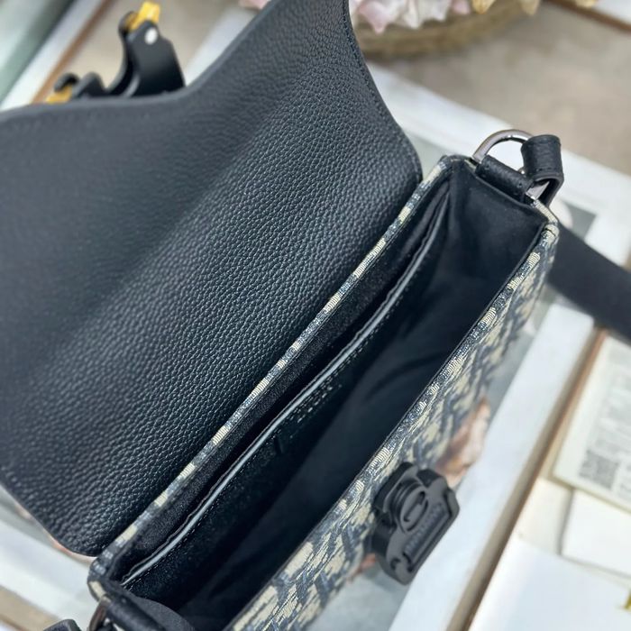 DIOR 435 プリント牛皮サドルフラップメッセンジャー 青布 サイズ:20x13.5x5.5cm