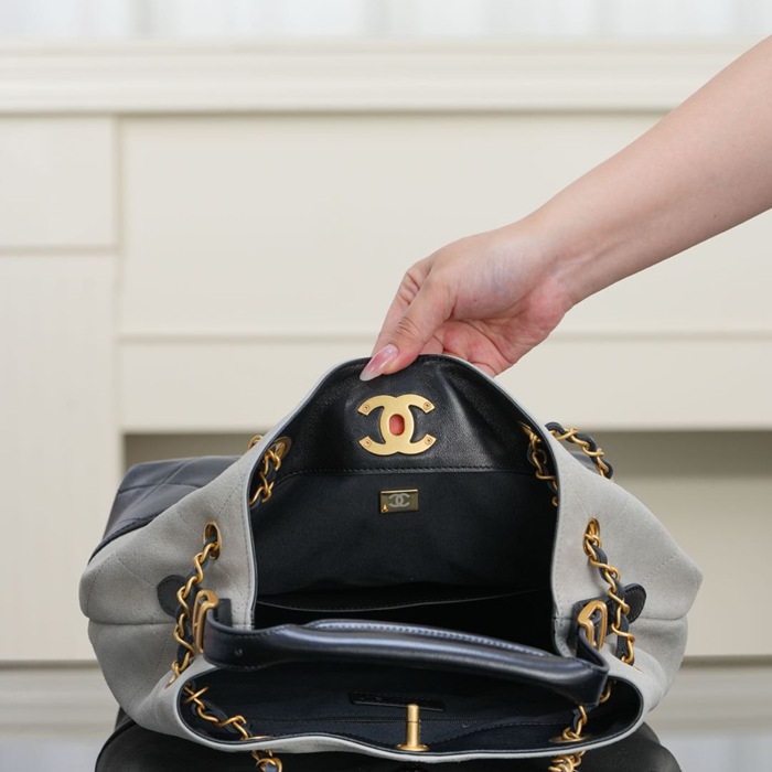 CHANEL 菱格紋 グレー×ゴールド ショルダーバッグ クラシック ヴィンテージ 30×26×11cm サイズ:30×26×11cm