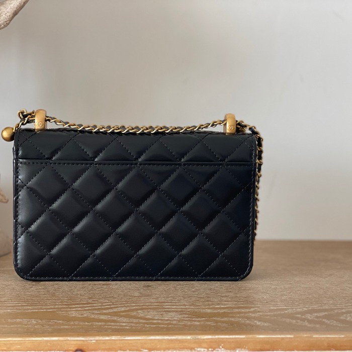 CHANEL 66059 カーフレザー ブラック×ゴールド チェーンバッグ 19.2×12.3×3.5cm サイズ:19.2×12.3×3.5cm