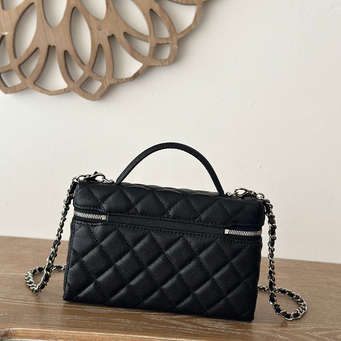 CHANEL 66011 カーフレザー 菱格紋 ブラック×シルバー 斜め掛けバッグ クラシック ファッショナブル 18×14×3cm サイズ:18×14×3cm