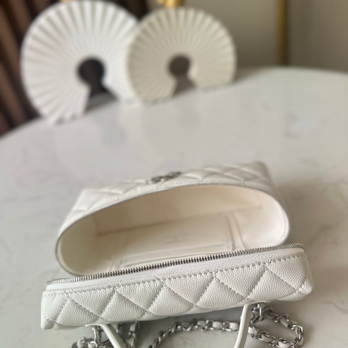 CHANEL 66066 カーフレザー 荔枝紋 ブラック×ホワイト×ゴールド 弁当箱バッグ クラシック 19×14×5cm サイズ:19×14×5cm