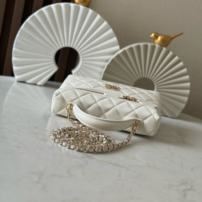 CHANEL 66034 カーフレザー 荔枝紋 ブラック×ホワイト×ゴールド クラシック 春夏 19×14×5cm サイズ:19×14×5cm