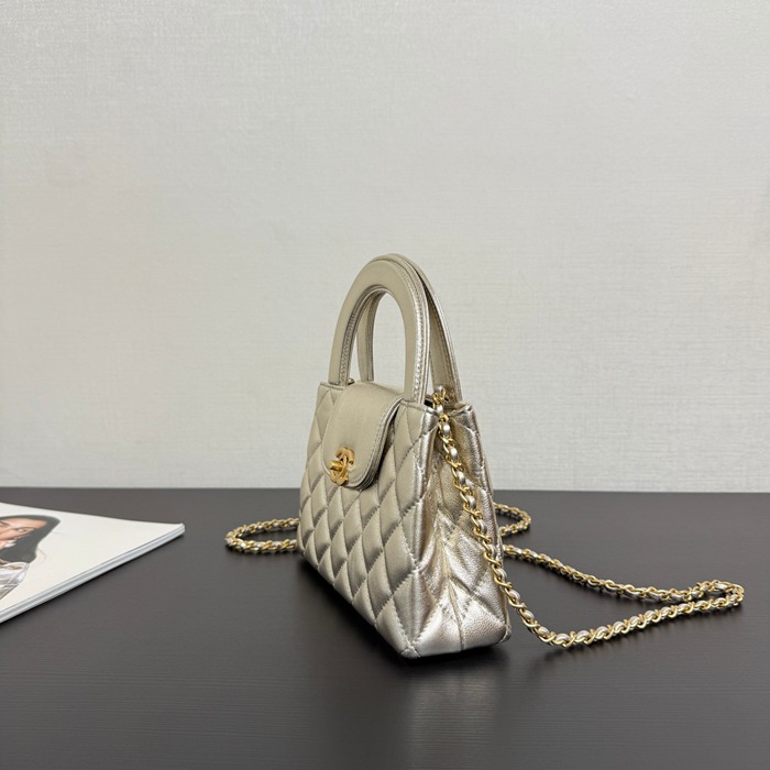 CHANEL 菱格紋 シルバー ハンドバッグ 大 秋冬 19×13×7cm サイズ:19×13×7cm