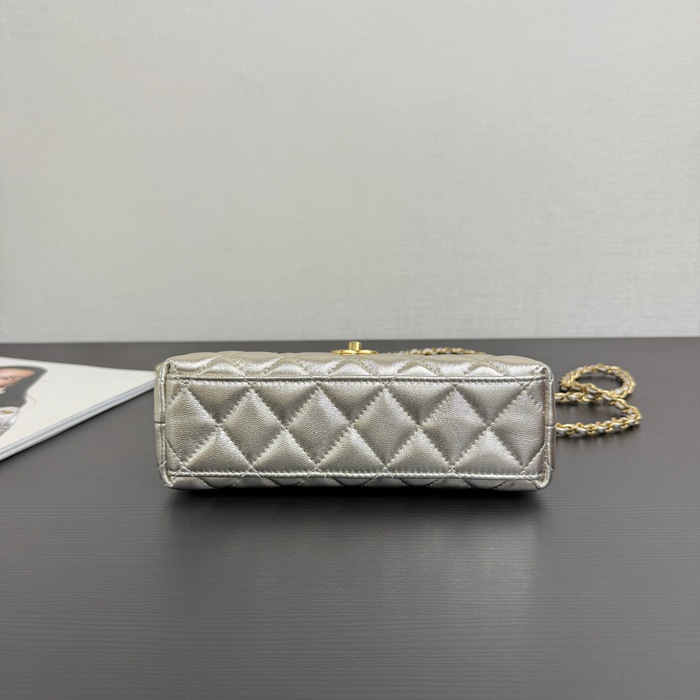CHANEL 菱格紋 シルバー ハンドバッグ 大 秋冬 19×13×7cm サイズ:19×13×7cm
