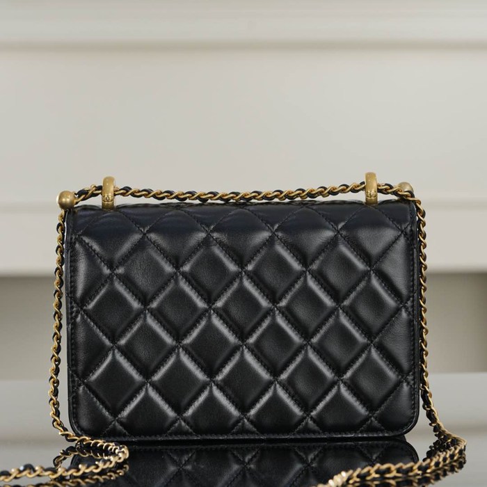 CHANEL カーフレザー ブラック×ゴールド ハンドバッグ 22×14.5×8cm サイズ:22×14.5×8cm