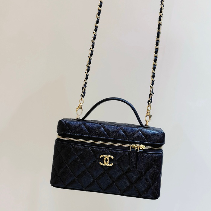CHANEL カーフレザー 荔枝紋 ブラック×ゴールド 弁当箱バッグ クラシック 秋冬 19×14×5cm サイズ:19×14×5cm