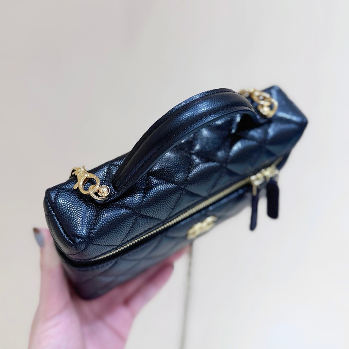CHANEL カーフレザー 荔枝紋 ブラック×ゴールド 弁当箱バッグ クラシック 秋冬 19×14×5cm サイズ:19×14×5cm