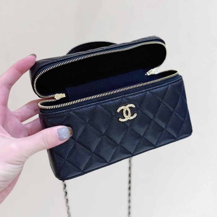 CHANEL カーフレザー 荔枝紋 ブラック×ゴールド 弁当箱バッグ クラシック 秋冬 19×14×5cm サイズ:19×14×5cm