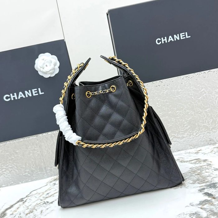 CHANEL AS5311 カーフレザー 菱格紋 ブラック×ゴールド ショルダーバッグ クラシック ヴィンテージ 40×30×15cm サイズ:40×30×15cm