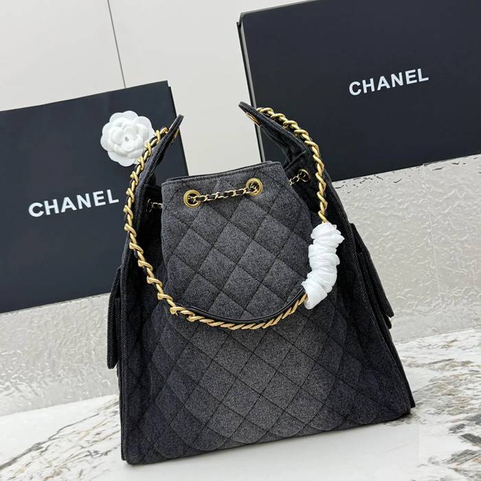 CHANEL AS5631 カーフレザー 菱格紋 ブルー×ゴールド ショルダーバッグ クラシック ヴィンテージ 40×30×15cm サイズ:40×30×15cm