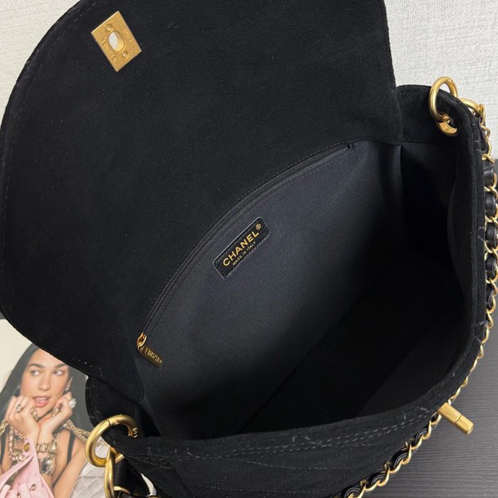 CHANEL 99546 スエード 菱格紋 ブラック×ゴールド 斜め掛けバッグ クラシック ヴィンテージ 30×21.5×6cm サイズ:30×21.5×6cm