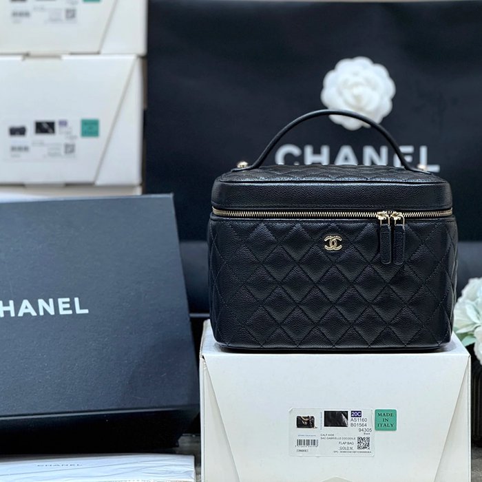 CHANEL カーフレザー 荔枝紋 ブラック×ゴールド ハンドバッグ クラシック 秋冬 21×15×14cm サイズ:21×15×14cm