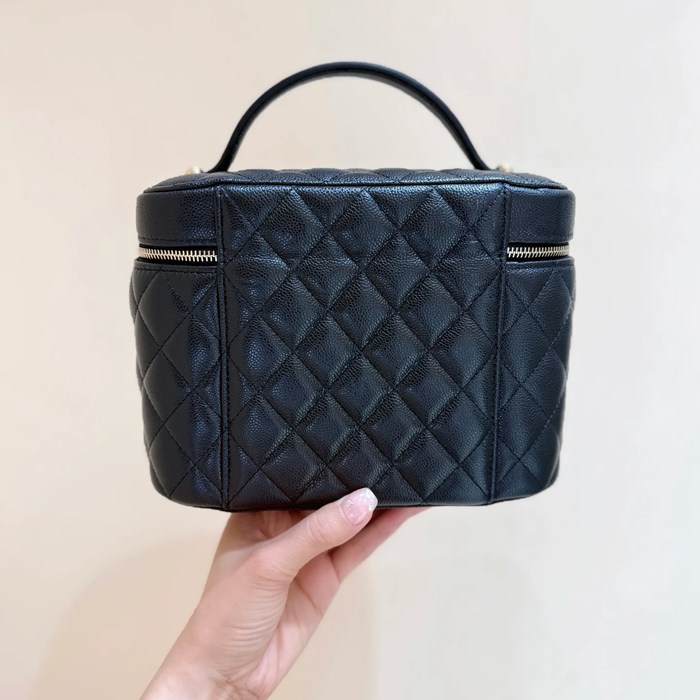 CHANEL カーフレザー 荔枝紋 ブラック×ゴールド ハンドバッグ クラシック 秋冬 21×15×14cm サイズ:21×15×14cm