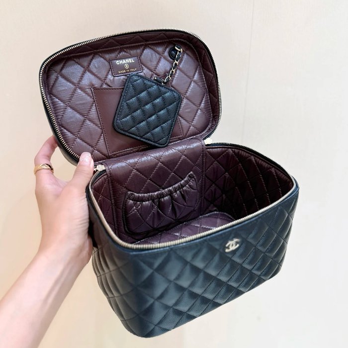 CHANEL カーフレザー 荔枝紋 ブラック×ゴールド ハンドバッグ クラシック 秋冬 21×15×14cm サイズ:21×15×14cm