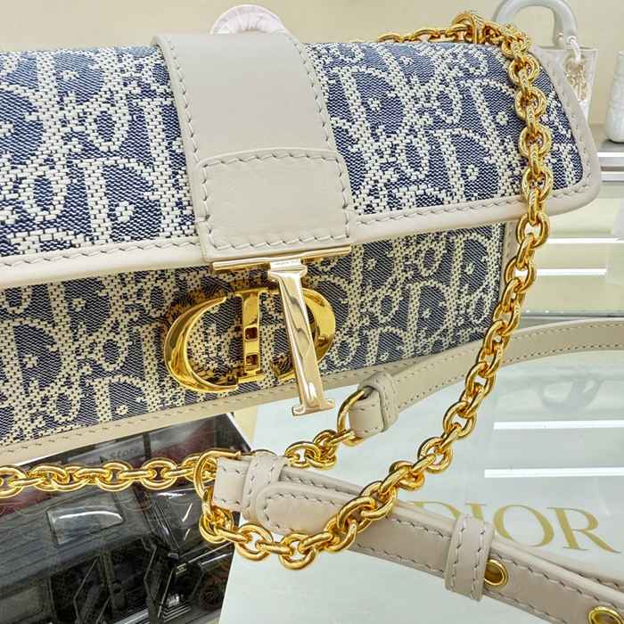 DIOR チェーン プリント、刺繍、フラワー ブルー、ベージュ ショルダーバッグ、チェーンバッグ 小 21.5x12.0x6.0cm サイズ:21.5x12cm