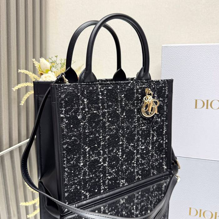 DIOR 7033 ストライプ、刺繍、レター ブラック ハンドバッグ、トートバッグ 小 21.0x14.0cm サイズ:21x14cm