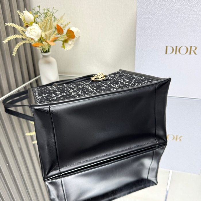 DIOR 7033 ストライプ、刺繍、レター ブラック ハンドバッグ、トートバッグ 小 21.0x14.0cm サイズ:21x14cm