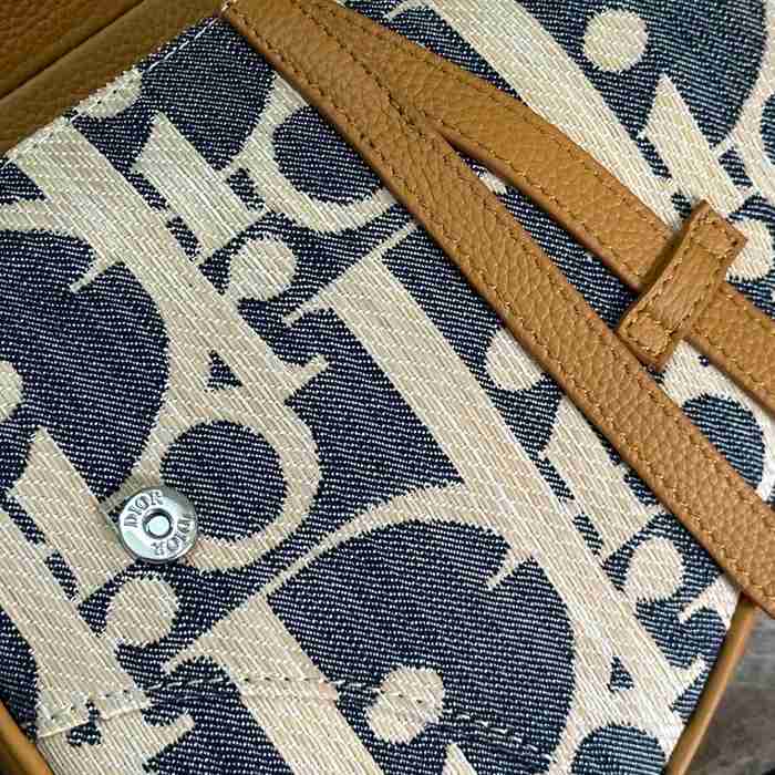 DIOR 93305 カーフレザー、レザー、オブリーク プリント、刺繍、レター ブルー、ブラウン、ゴールド 斜め掛けバッグ、ショルダーバッグ、サドルバッグ クラシック サイズ:27x20cm