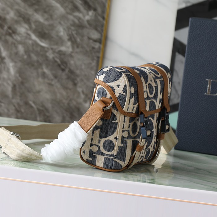 DIOR カーフレザー、レザー、オブリーク プリント、刺繍、レター ブルー、ブラウン、ゴールド ショルダーバッグ ミニ クラシック サイズ:24x18cm
