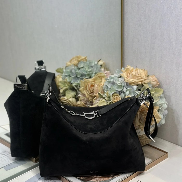 DIOR 1414 スエード レター、パッチワーク ブラック、シルバー ショルダーバッグ、ハンドバッグ 大 小 39.0x29.0x11.0cm サイズ:39x29x11cm