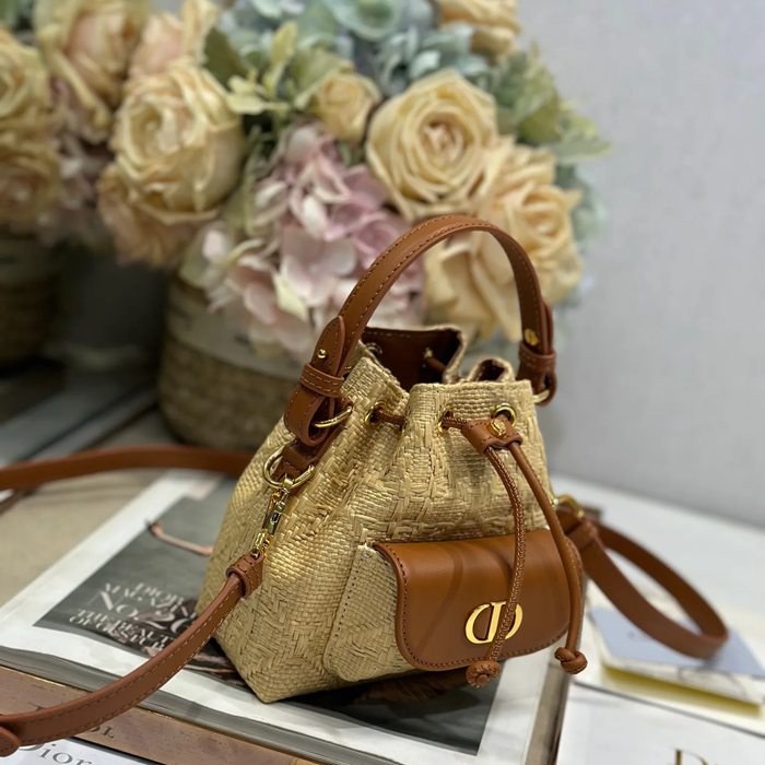 DIOR 3372 編み グレンチェック、レター ゴールド、ベージュ 斜め掛けバッグ、バケツバッグ 新作 ヴィンテージ 15.0x14.0x7.0cm サイズ:15x14cm