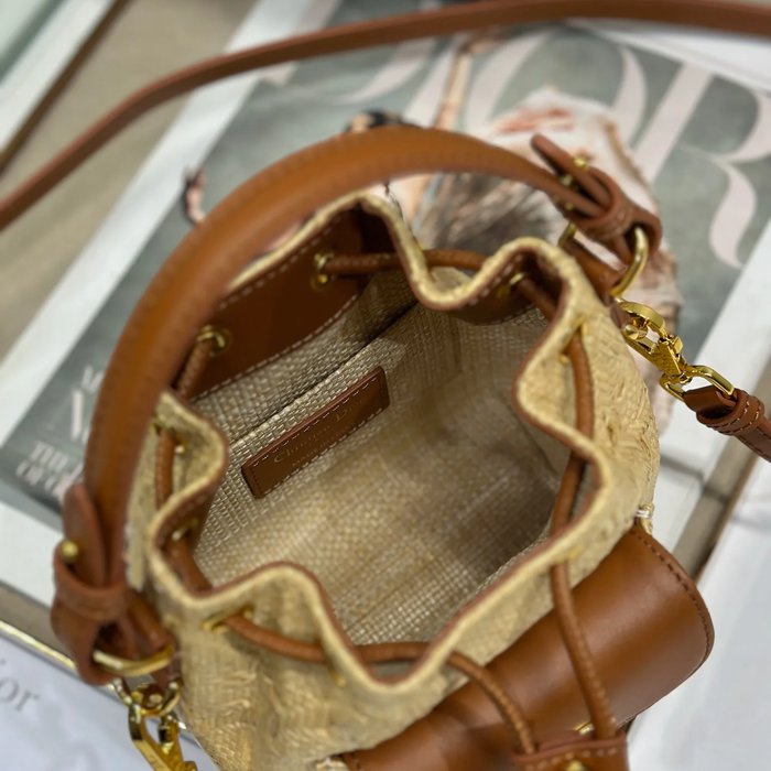 DIOR 3372 編み グレンチェック、レター ゴールド、ベージュ 斜め掛けバッグ、バケツバッグ 新作 ヴィンテージ 15.0x14.0x7.0cm サイズ:15x14cm